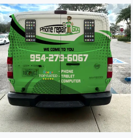 Rear of our mobile repair van with phone number 954-279-6067